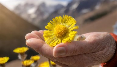 A hand holds a coltsfoot flower in front of a blurred mountain landscape in the light of the golden