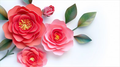Minimalistic and elegant paper flowers in shades of red and pink on a white background, ai