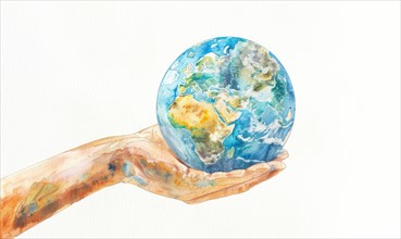 Watercolor illustration of a hand holding a globe Earth, white background AI generated