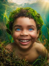 Joyful child submerged underwater with a moss hat growing and thriving, creating a mystical and