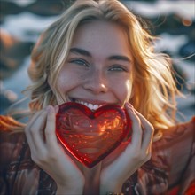 A cheerful woman playfully bites into a translucent heart, AI generated
