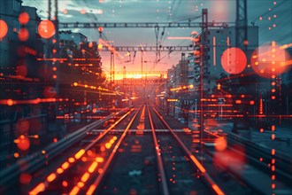 Sunset view over train tracks with bokeh light effects, AI generated