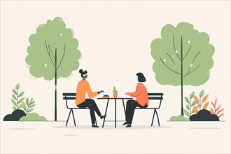 Peaceful park scene with a minimalist design featuring a couple on a bench having a relaxing