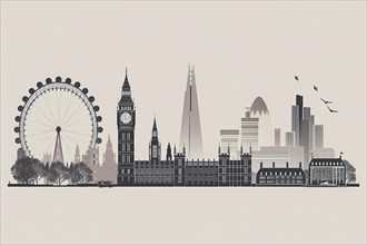 Silhouette illustration of iconic London landmarks in a minimalist cityscape, illustration, AI