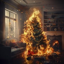 Burning Christmas tree in a cosy living room causes danger, AI generated