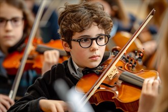 Pupils learn to make music on a violin, school orchestra, music lessons, AI generated, AI