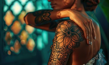 An expressive and intricate floral tattoo on a woman's arm reflecting elegance AI generated