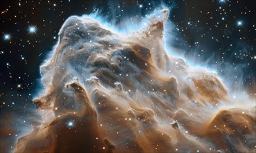 Close-up of a nebula with mountain-like structures and glowing gas clouds AI generated