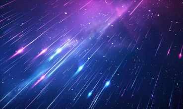 Colorful meteor shower with dynamic purple and pink streaks against a space-themed backdrop AI