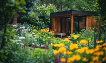 A minimalist modern wooden cabin surrounded by a variety of spring flowers and lush green foliage