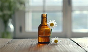 Chamomile essential oil in a dropper bottle, closeup view, skin care cosmetic background AI