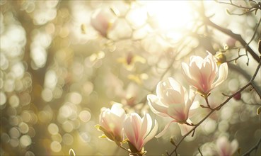 Magnolia blossoms illuminated by soft sunlight filtering through the trees AI generated