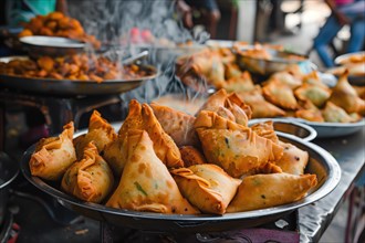 A close-up view capturing the essence of street food, featuring freshly cooked samosas emitting