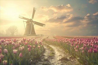 Sunset view of a windmill overlooking a field of tulips in the countryside, AI generated