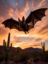 Pallid bat mid flight illuminated by twilight in the intricate saguaro desert, AI generated