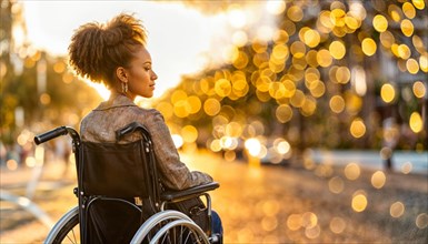 Woman in a wheelchair experiencing the city's golden hour, silhouetted by the sunset, AI generated