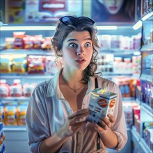 Woman in the supermarket looks in amazement at the packaging of a dairy product, AI generated