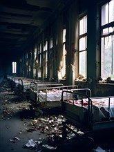 Rows of empty rusting hospital beds suspended in the melancholy, AI generated, hospital, damage,