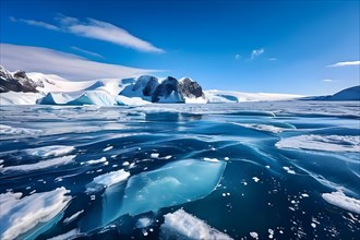 Tumultuous interaction of churned ice and open water in the polar region, AI generated