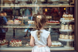 Young girl child looking at various cakes and cupcakes through shopping window of pastry shop. KI