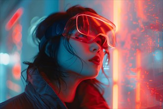 Stylized portrait of a woman with cyberpunk aesthetics and neon light reflections, AI generated
