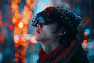 A man wearing VR goggles is surrounded by night city lights and falling snow, AI generated