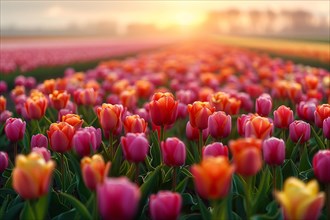 Sunset over vibrant tulip field with focus on orange and pink flowers, AI generated