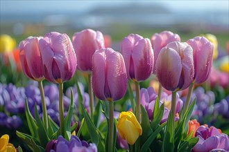 Purple and pink tulips covered in dew droplets with a soft sunlit background, AI generated