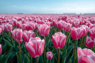 A vibrant field of pink tulips under a clear sky creates a tranquil springtime scene, AI generated