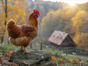 Chicken perched on a rock with autumn leaves and sunrise in rural setting, AI generiert, AI
