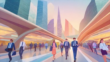 Image of a futuristic cityscape with vibrant colors, people, and an overpass, low poly style, AI