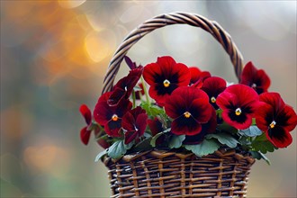 Beautiful dark burgundy red pansy flowers in basket. KI generiert, generiert, AI generated