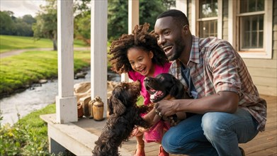 Man and young girl laughing joyfully with two dogs on a country home porch, AI generated