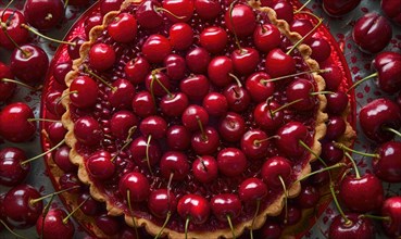 Ripe cherries arranged in an intricate pattern atop a freshly baked cherry tart AI generated