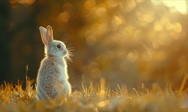 A bunny sitting upright in the forest, bokeh lights AI generated