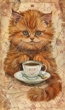 A cute orange cat is holding a cup of tea in its paws. The cat is sitting on a table with a teacup