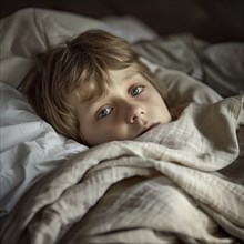 A child lies relaxed in a bed and looks calmly into the camera, AI generated