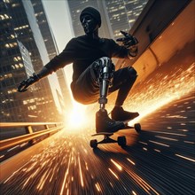 Masked figure with a robotic leg skateboarding at sunset, with sparks and blurred motion, AI
