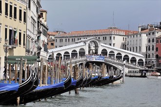 Parked gondolas in front of the historic Rialto Bridge in Venice, Venice, Veneto, Italy, Europe