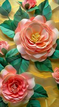Vibrant peach paper roses with green leaves creating a shadow effect for a 3D look, ai generated,