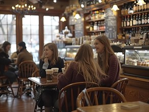 Drei Frauen unterhalten sich froehlich an einem Tisch in einem belebten Cafe, Lifestyle in Paris,