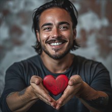 Portrait of a smiling tattooed young man artfully holding a red heart, AI generated