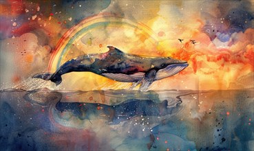 A watercolor artwork portraying a surreal scene of a whale leaping over a rainbow in a dreamlike