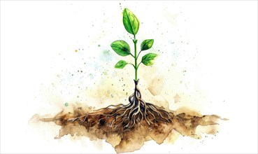 Watercolor illustration of a tree sprout with tiny roots on white background AI generated