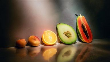 Various exotic fruits elegantly arranged on a reflective surface with shadows, horizontal, AI
