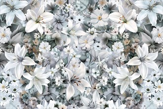 An elegant floral wallpaper with white and pastel-colored blossoms on a neutral background,