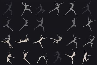 Silhouettes of dancers showing movement and grace on a black background, illustration, AI generated