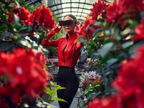Woman in botanical garden wearing a VR headset, surrounded by red flowers, AI generated