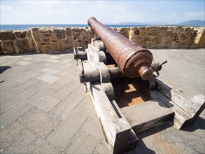 Old cannon, fortress wall of Alghero, Sardinia, Italy, Europe