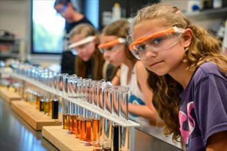 Pupils experimenting in a classroom with safety goggles, chemistry lessons, AI generated, AI
